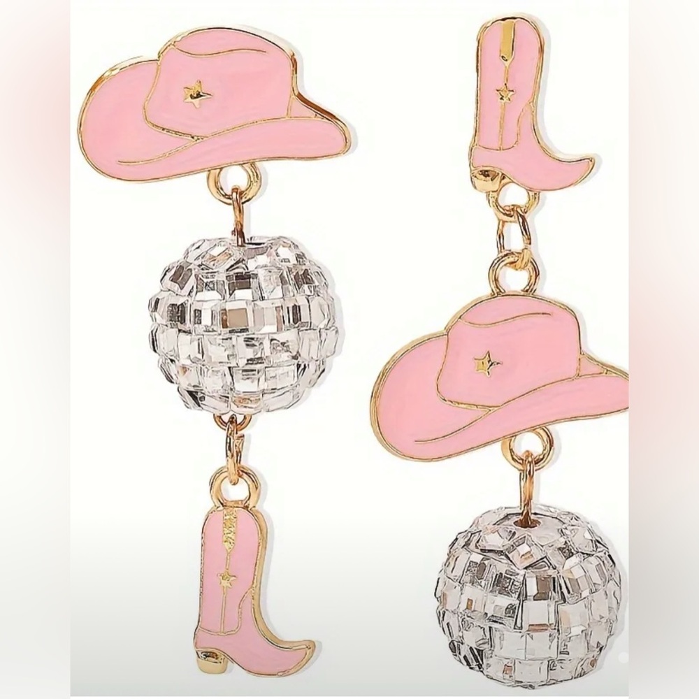 Western-Inspired Dangle Earrings: Cowboy Hat Boot Charms Disco Balls